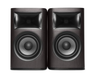 Photo of Two wooden sound speakers isolated on white