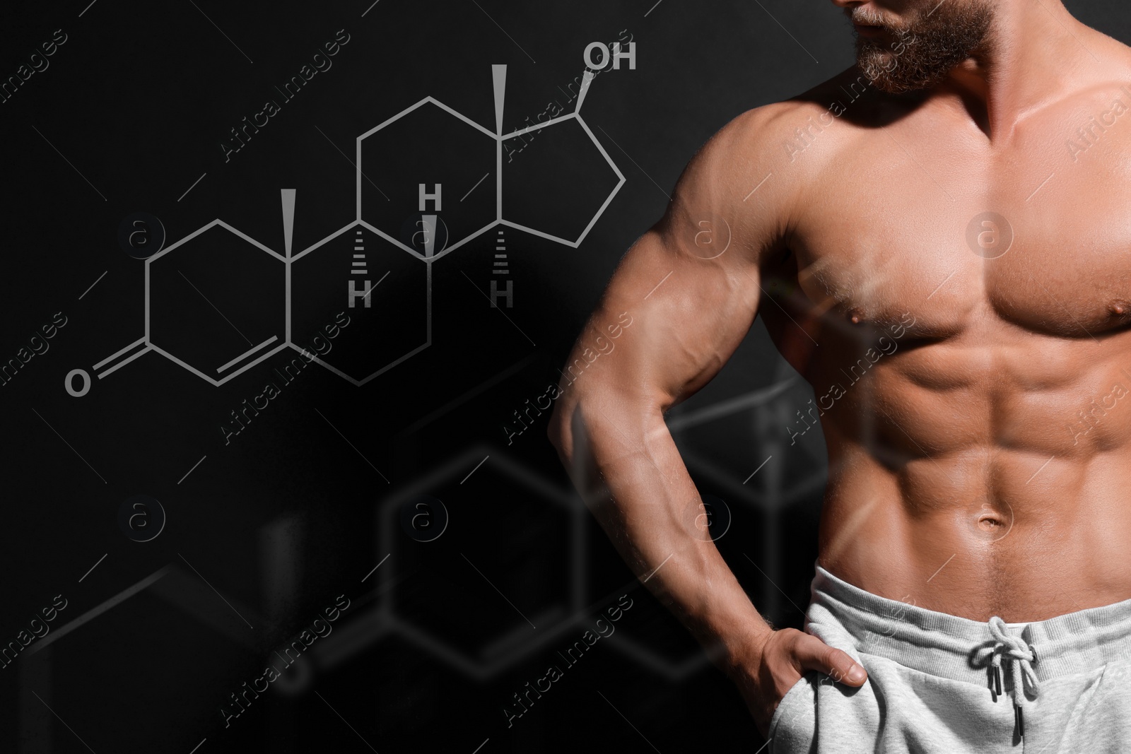 Image of Muscular man and structural formula of testosterone on black background, closeup