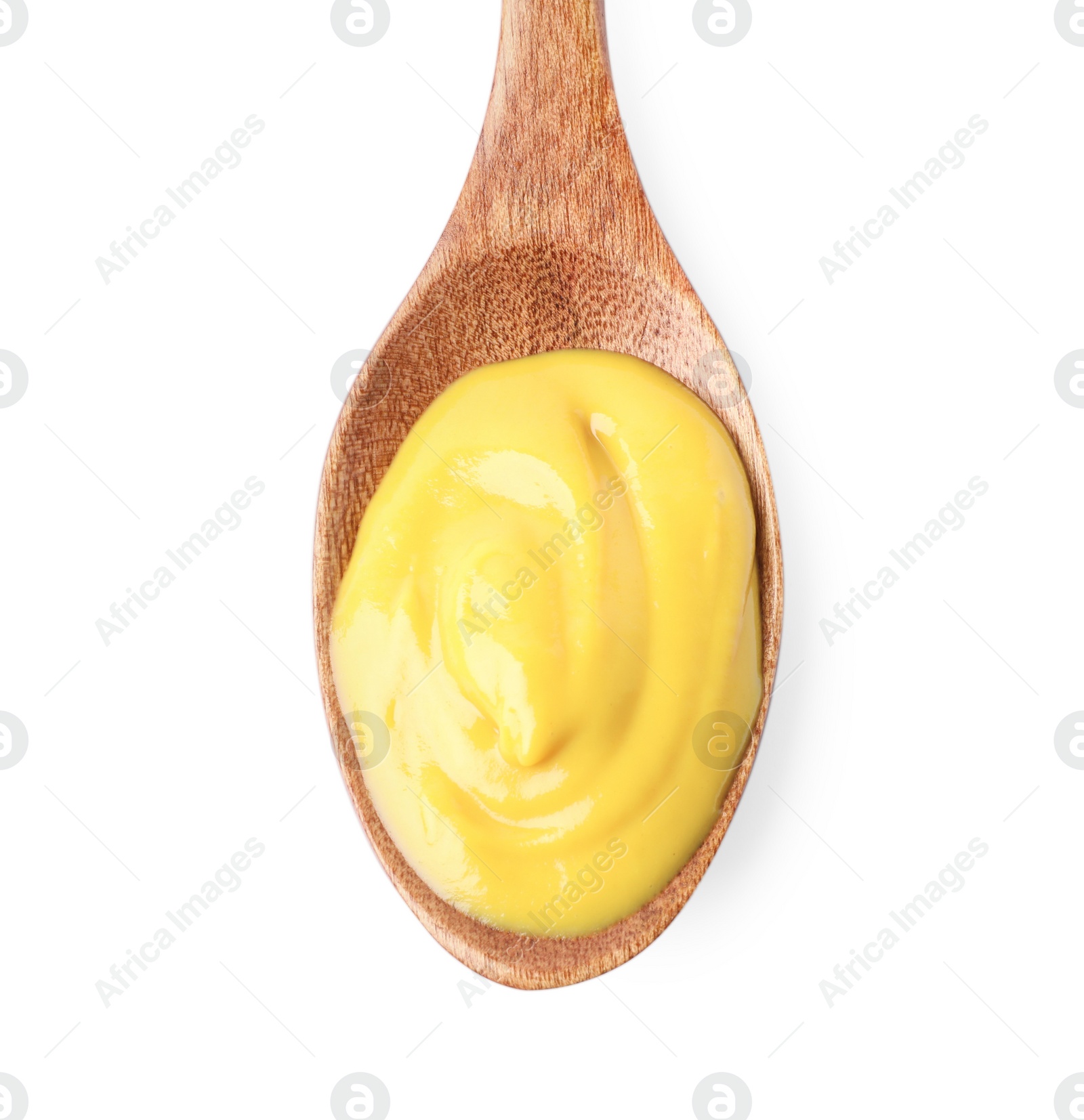 Photo of Delicious mustard in wooden spoon isolated on white, top view