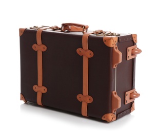 Photo of Fashionable brown suitcase on white background