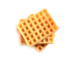 Photo of Delicious waffles for breakfast on white background, top view