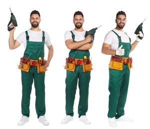 Image of Collage with photos of young worker in uniform with power drill on white background