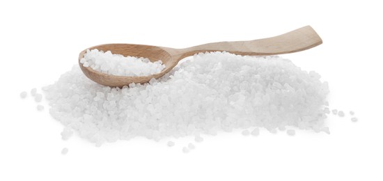 Photo of Pile of natural sea salt and wooden spoon on white background