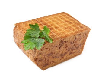 Photo of Block of delicious smoked tofu and parsley isolated on white