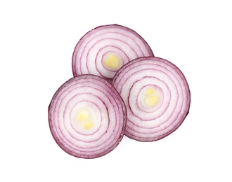 Photo of Fresh slices of red onion on white background, top view