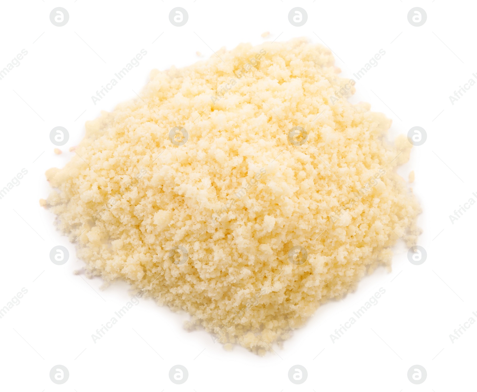 Photo of Pile of grated parmesan cheese isolated on white, top view