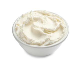 Photo of Bowl of tasty cream cheese on white background