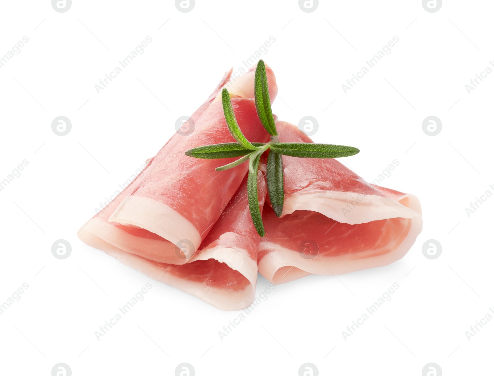 Photo of Slices of delicious jamon with rosemary on white background