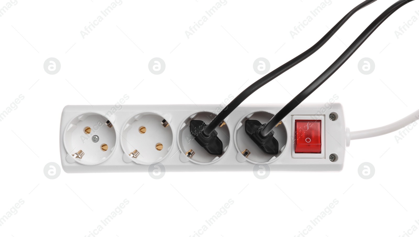 Photo of Power strip with extension cord on white background, top view. Electrician's equipment