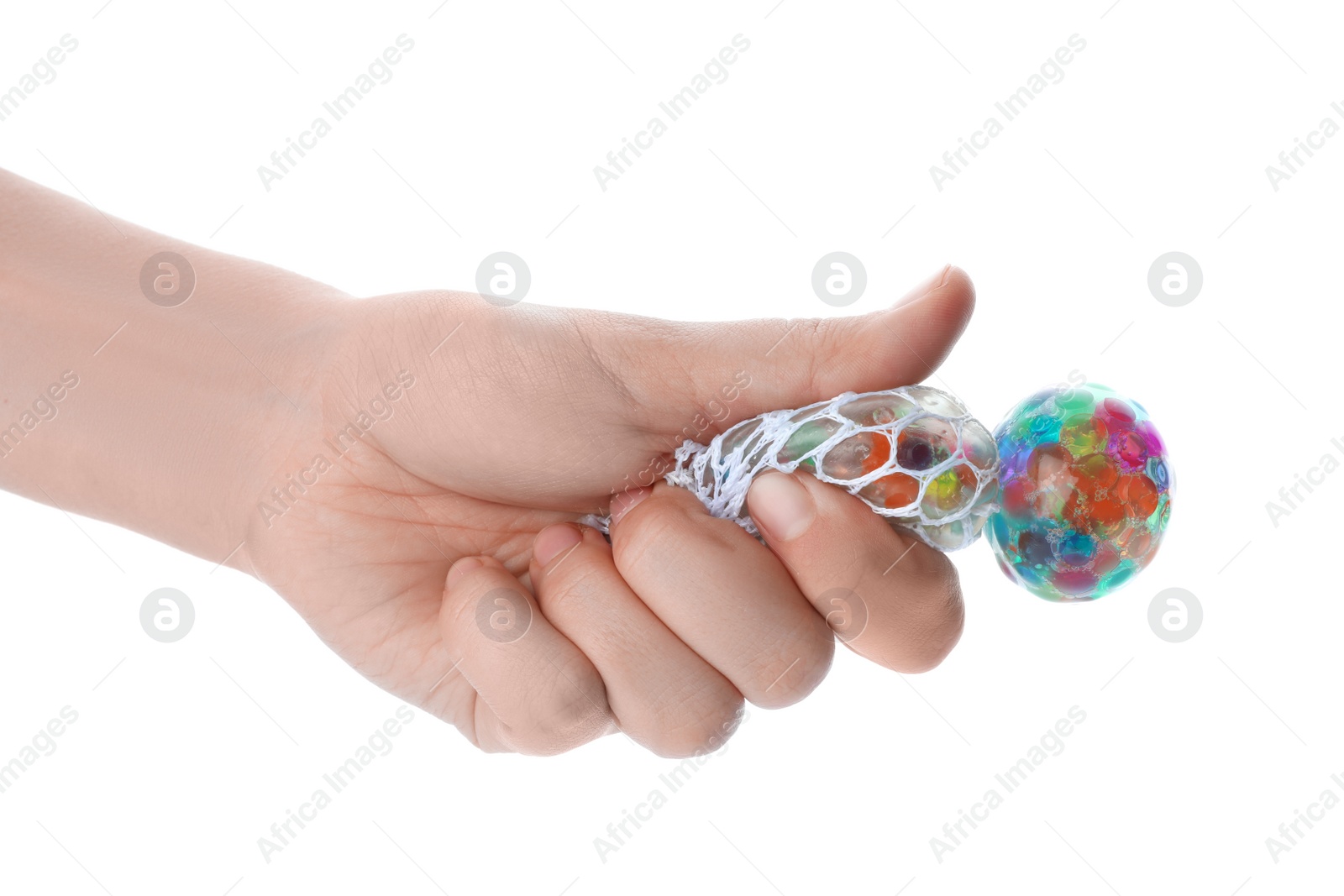 Photo of Woman squeezing colorful slime isolated on white, closeup. Antistress toy