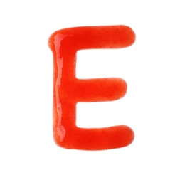 Photo of Letter E written with red sauce on white background
