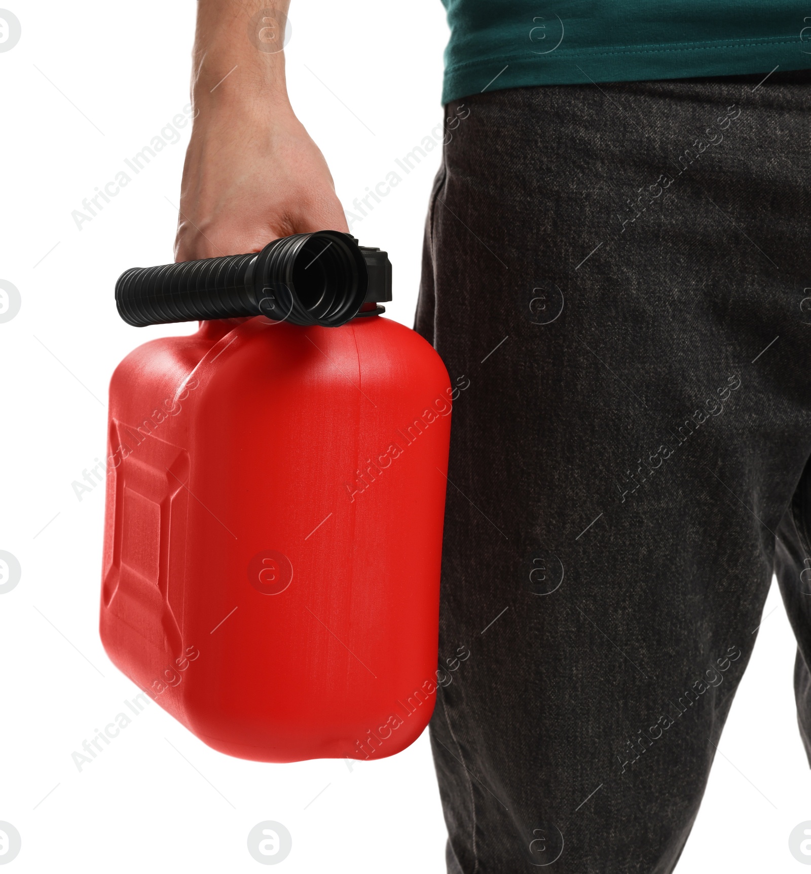 Photo of Man holding red canister on white background, closeup