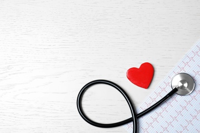 Stethoscope with red heart and cardiogram on white wooden background, flat lay. Space for text