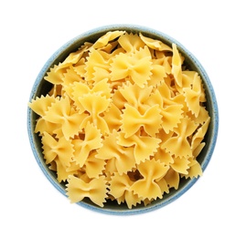 Bowl with uncooked farfalle pasta on white background, top view