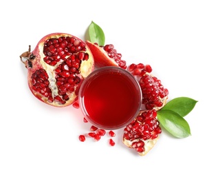 Photo of Glass of pomegranate juice and fresh fruits on white background, top view