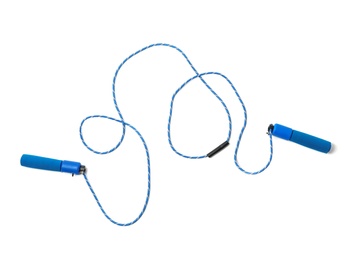 Photo of Jump rope on white background, top view