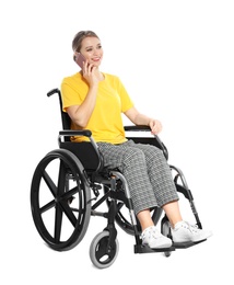 Woman in wheelchair talking on mobile phone isolated on white