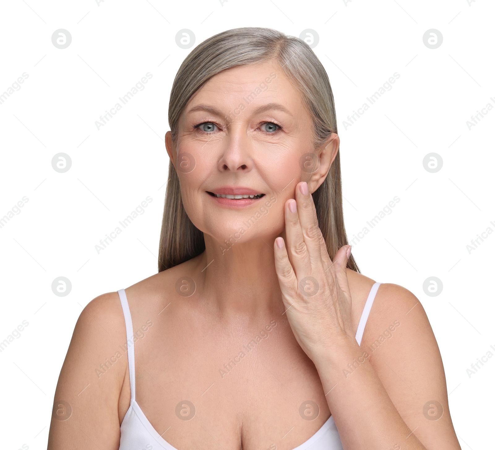 Photo of Beautiful mature woman with healthy skin on white background