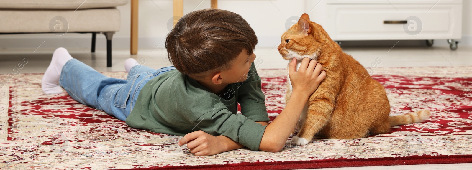 Image of Little boy petting cute ginger cat on carpet at home. Banner design