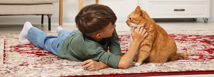 Image of Little boy petting cute ginger cat on carpet at home. Banner design