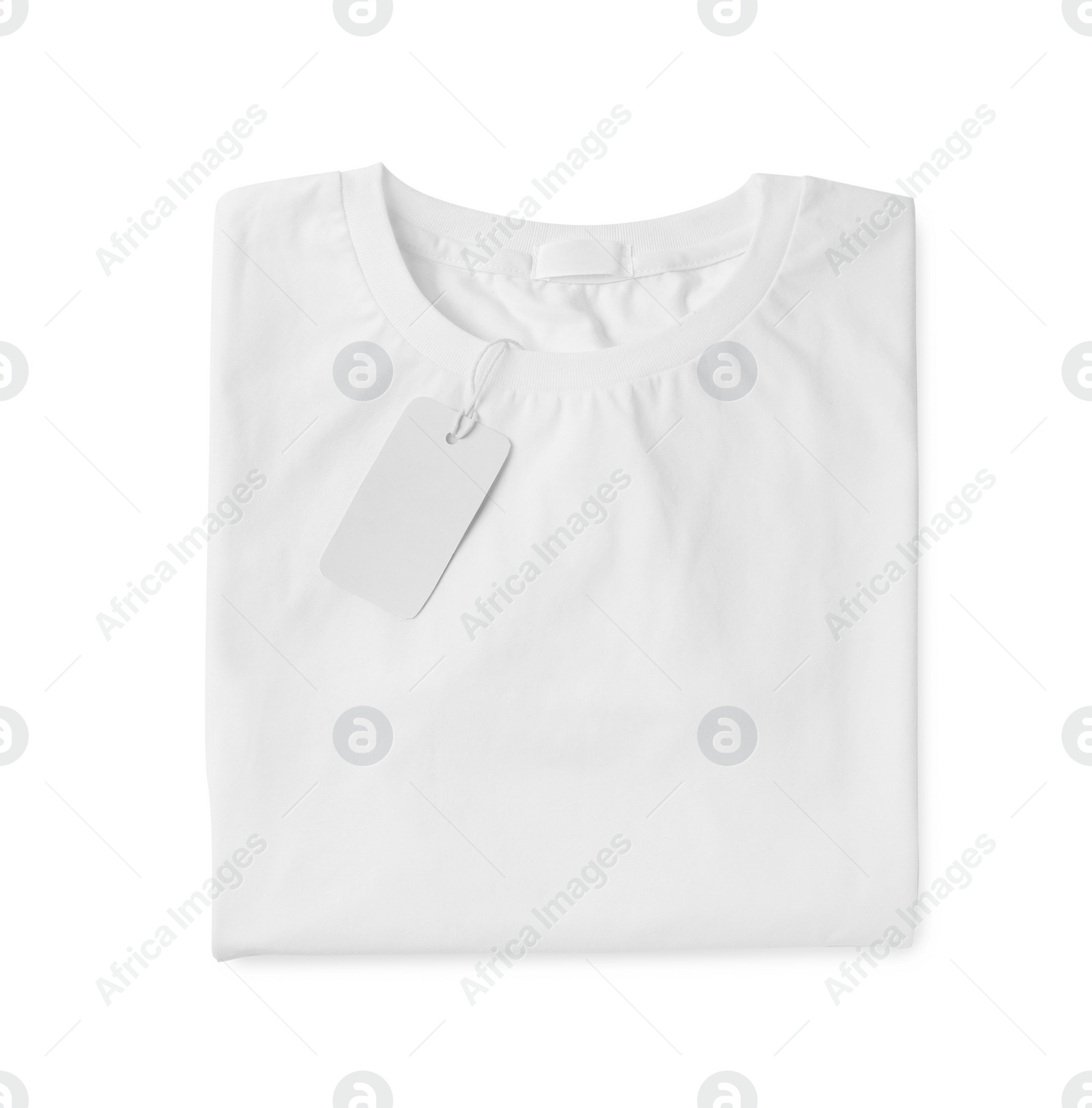 Photo of Stylish T-shirt with label isolated on white, top view