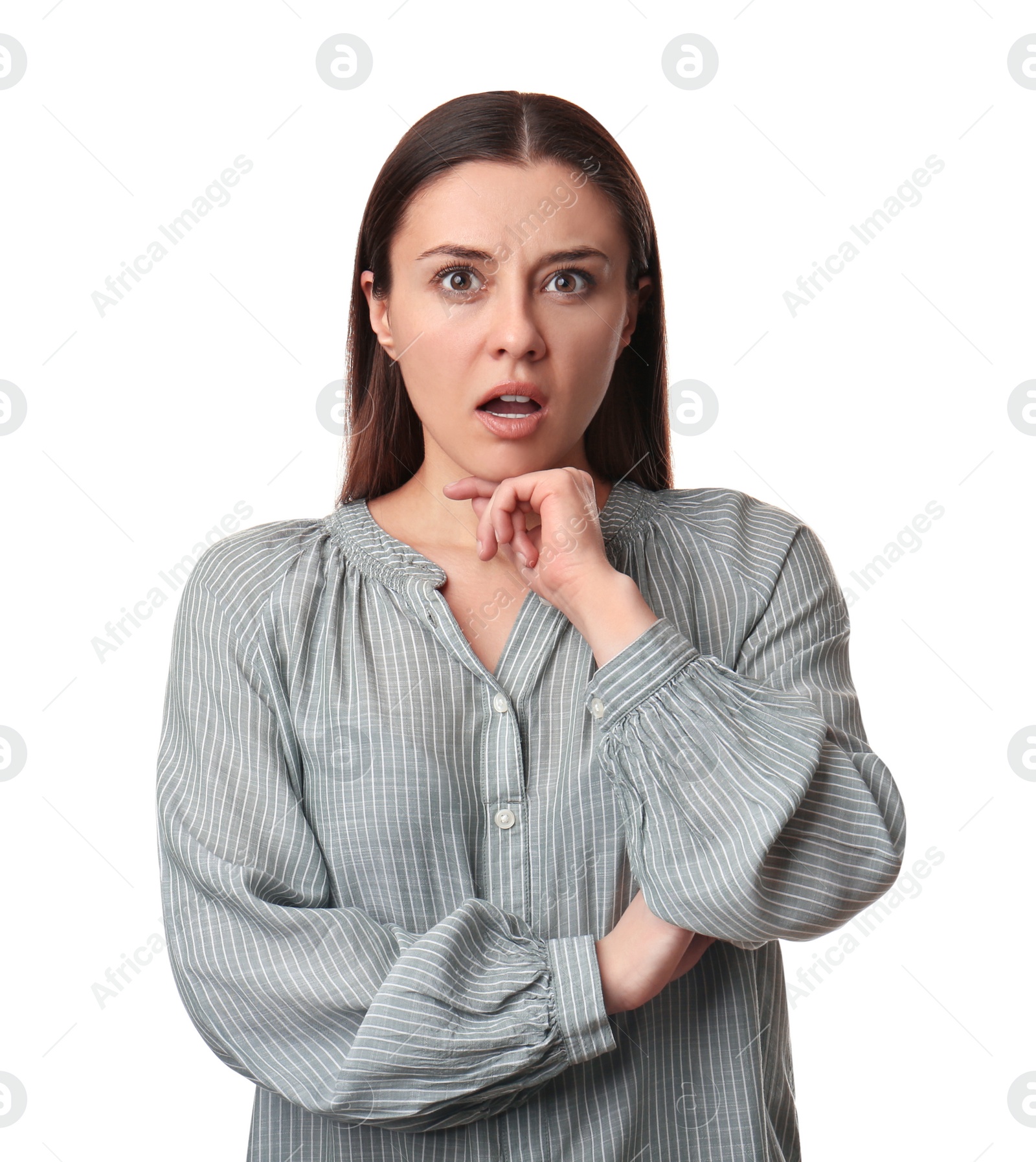 Photo of Portrait of emotional young woman on white background. Personality concept