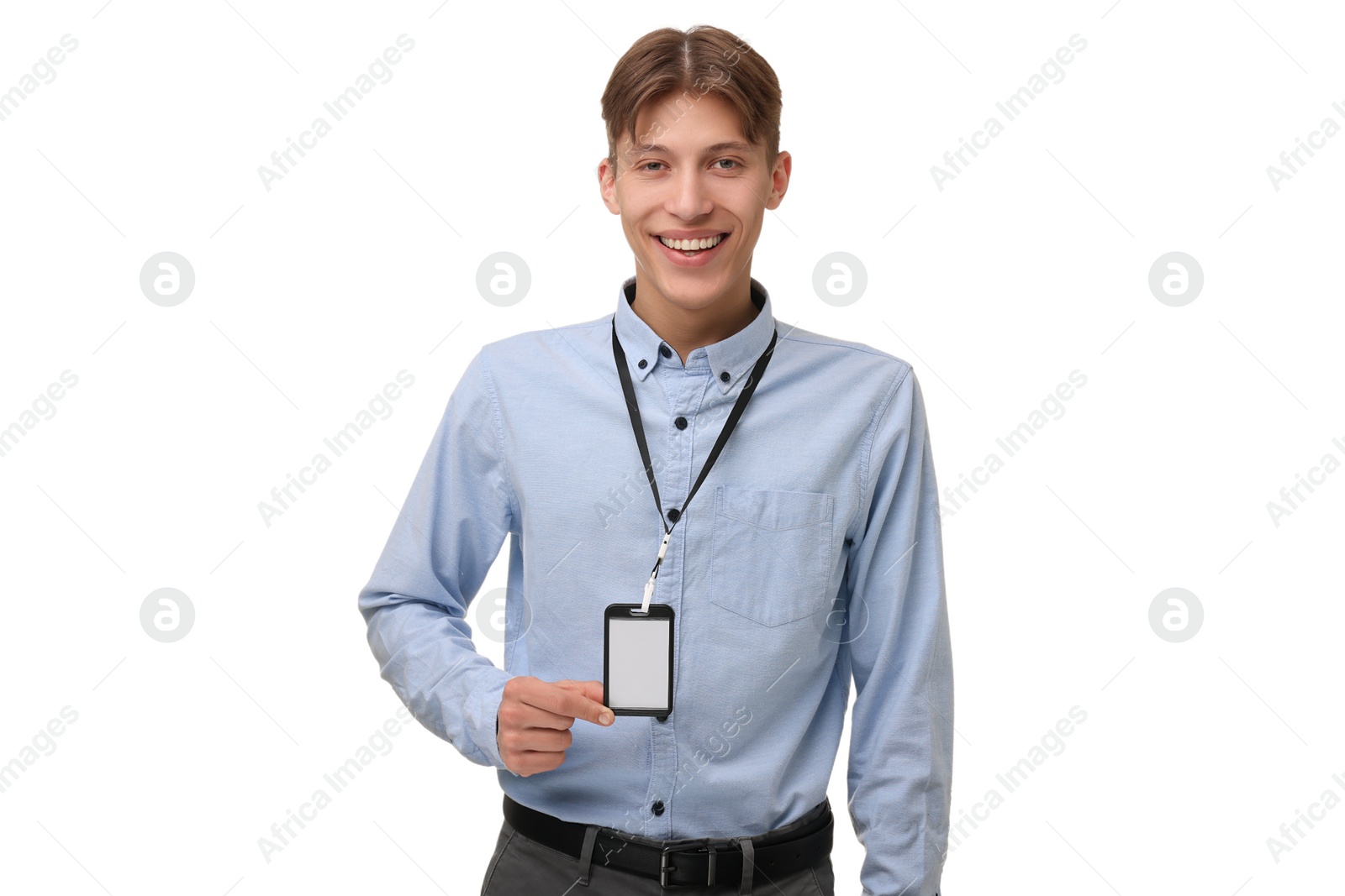 Photo of Happy man with blank badge on white background