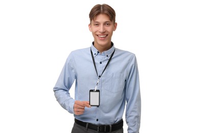 Photo of Happy man with blank badge on white background