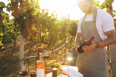 Man holding bottle of wine in vineyard on sunny day