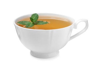 Photo of Cup of aromatic green tea with fresh mint on white background