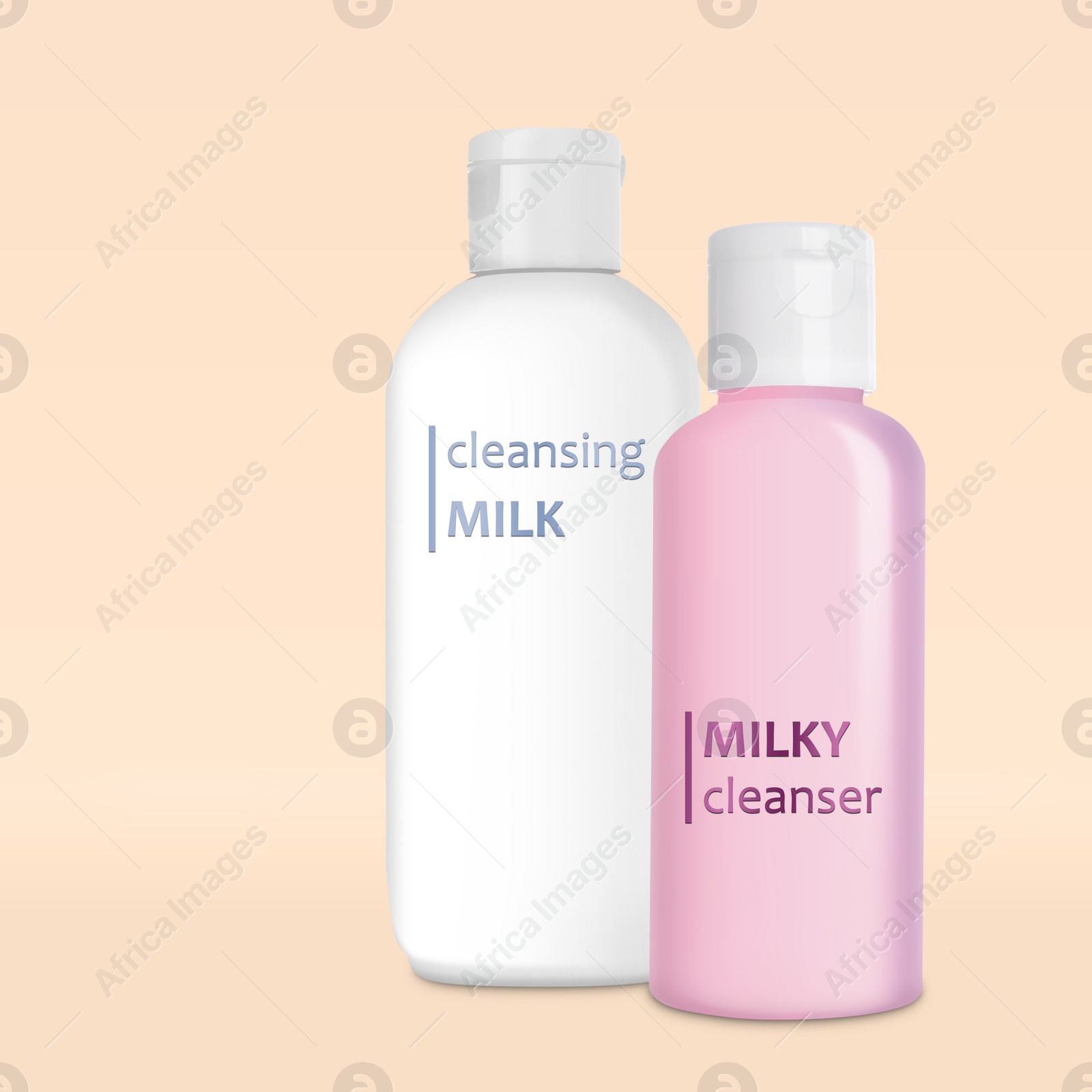 Image of Bottles of milky cleansers on beige background. Makeup remover 