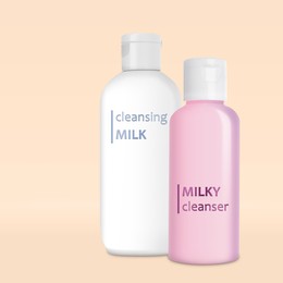 Bottles of milky cleansers on beige background. Makeup remover 