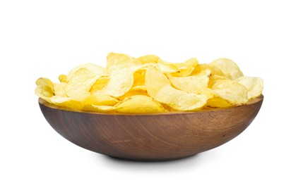 Bowl with delicious potato chips isolated on white