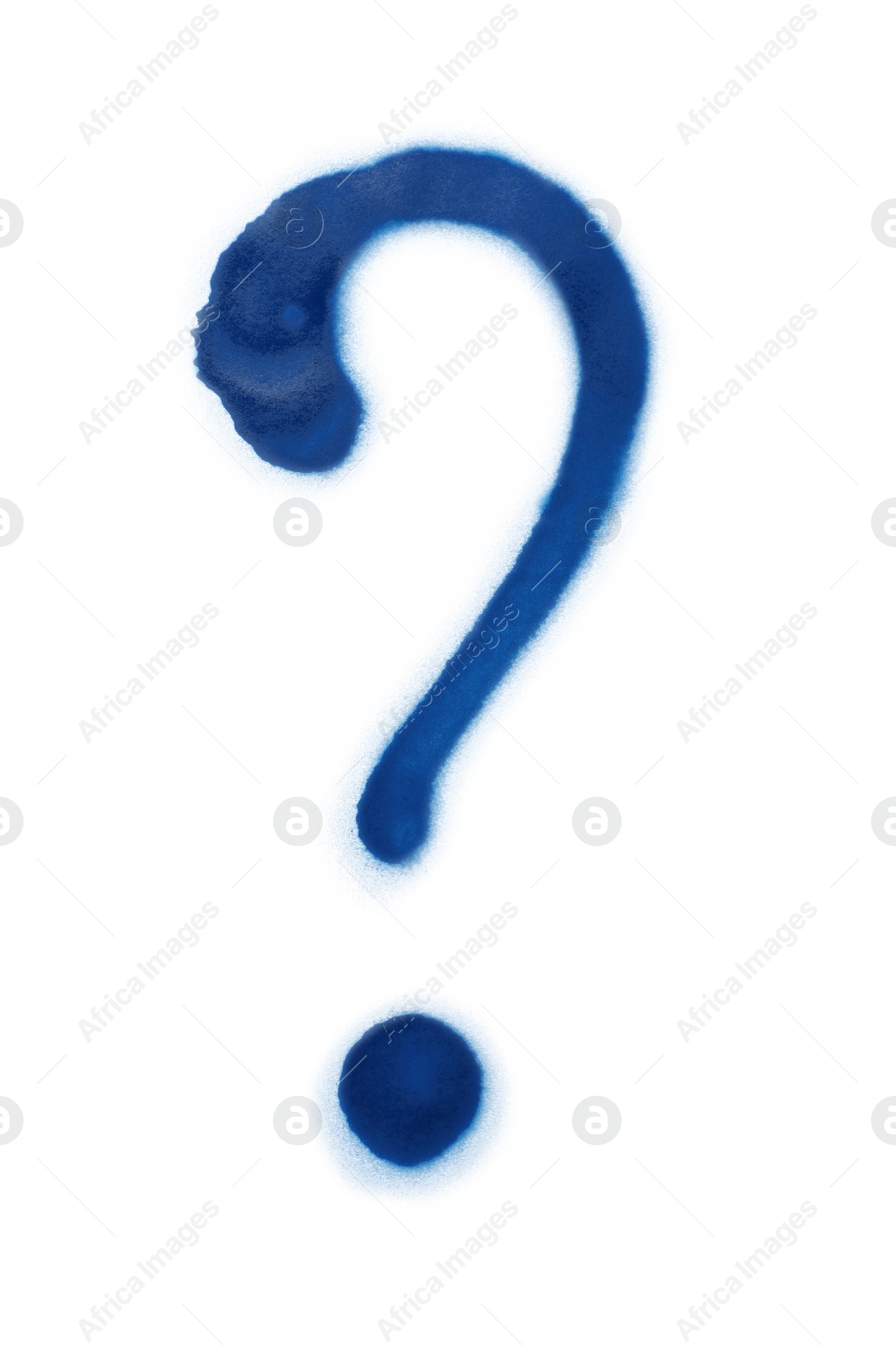 Photo of Question mark drawn by blue spray paint on white background