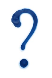 Photo of Question mark drawn by blue spray paint on white background