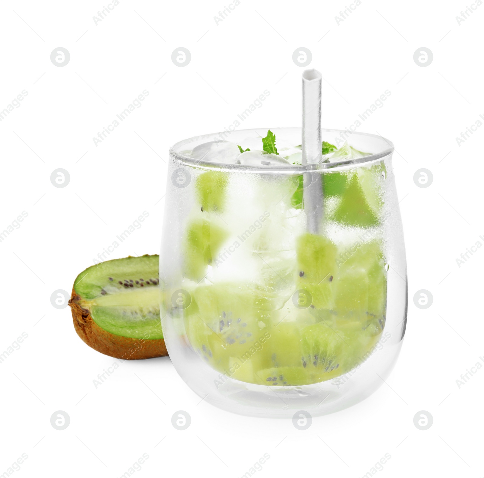 Photo of Glass of refreshing drink and cut kiwi isolated on white