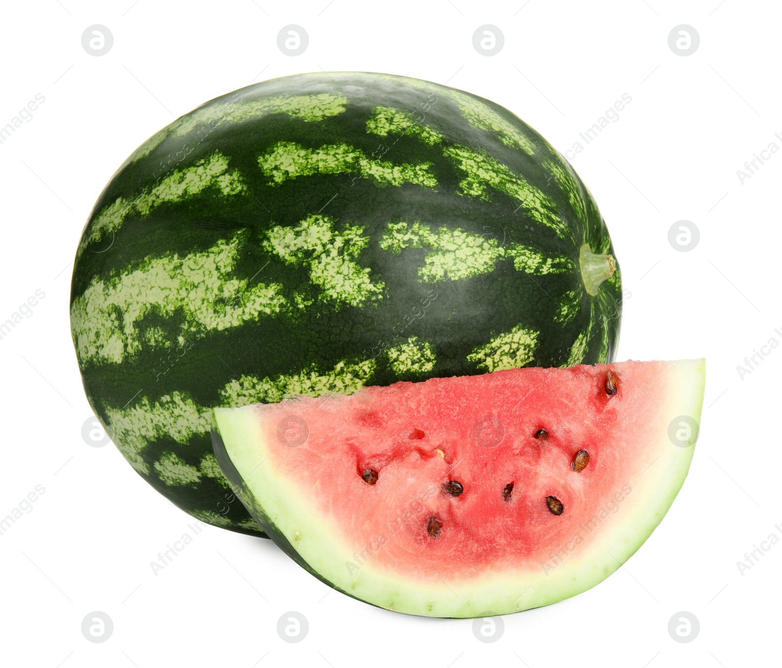 Photo of Whole and cut delicious ripe watermelons on white background