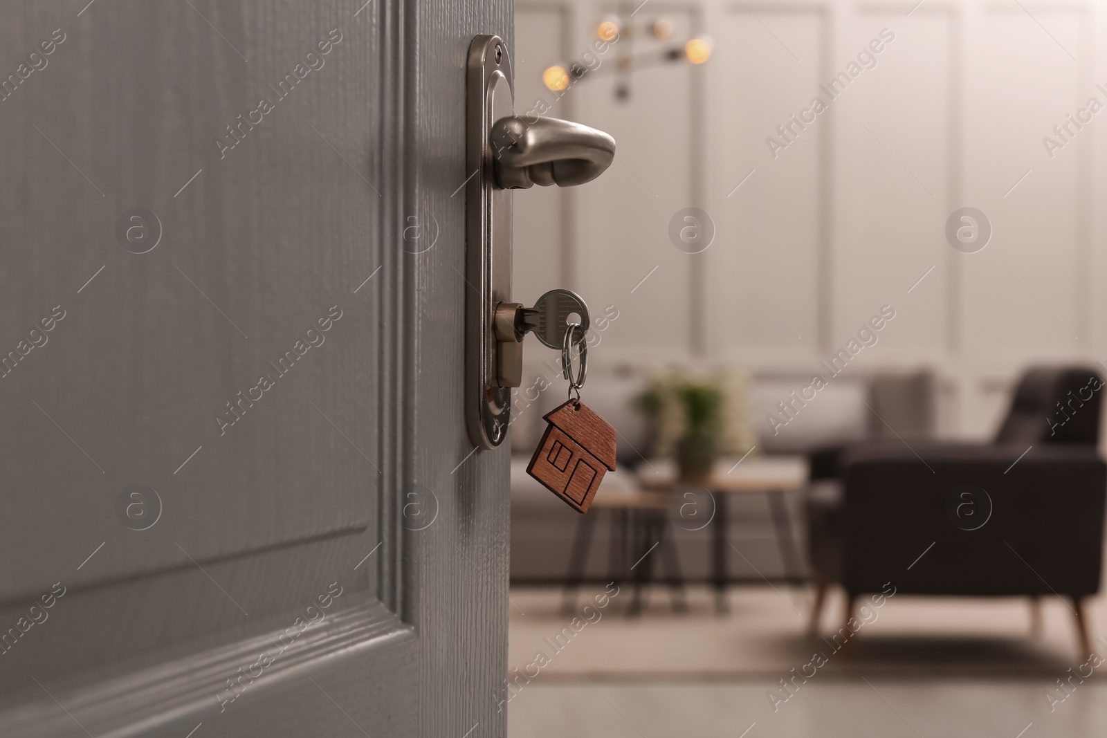 Photo of Closeup view of open door with key in room