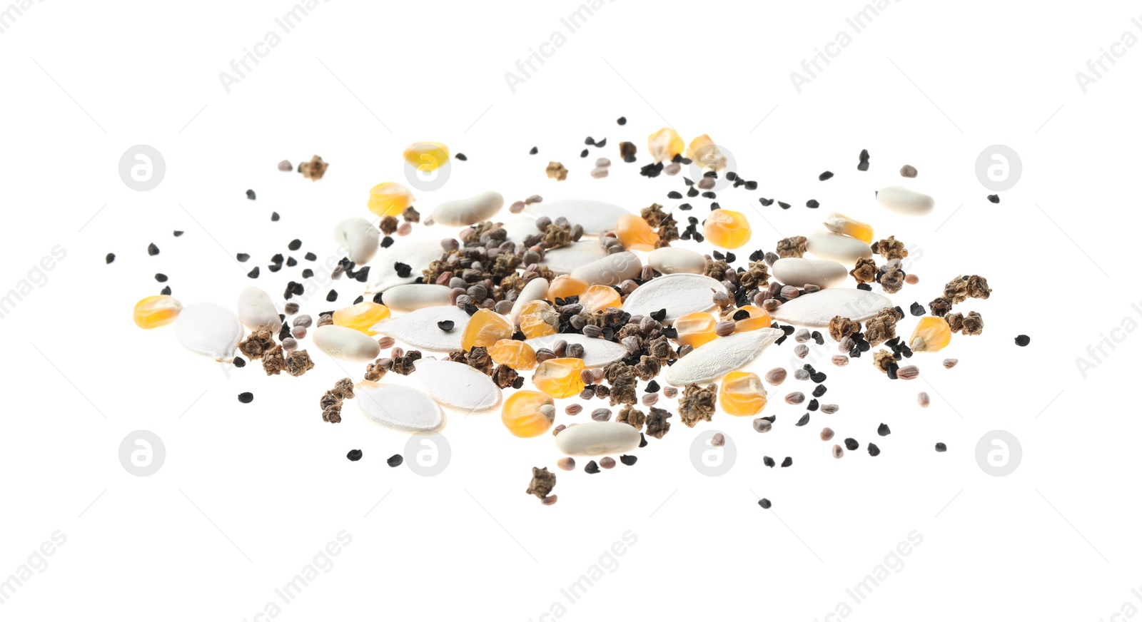 Photo of Mix of vegetable seeds on white background