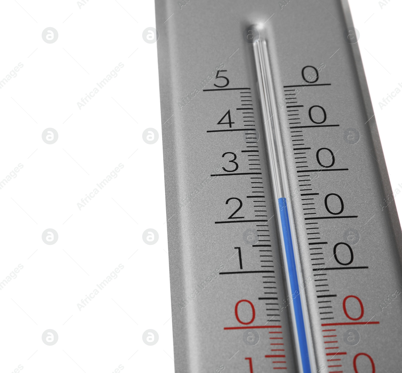 Photo of Modern grey weather thermometer on white background, closeup