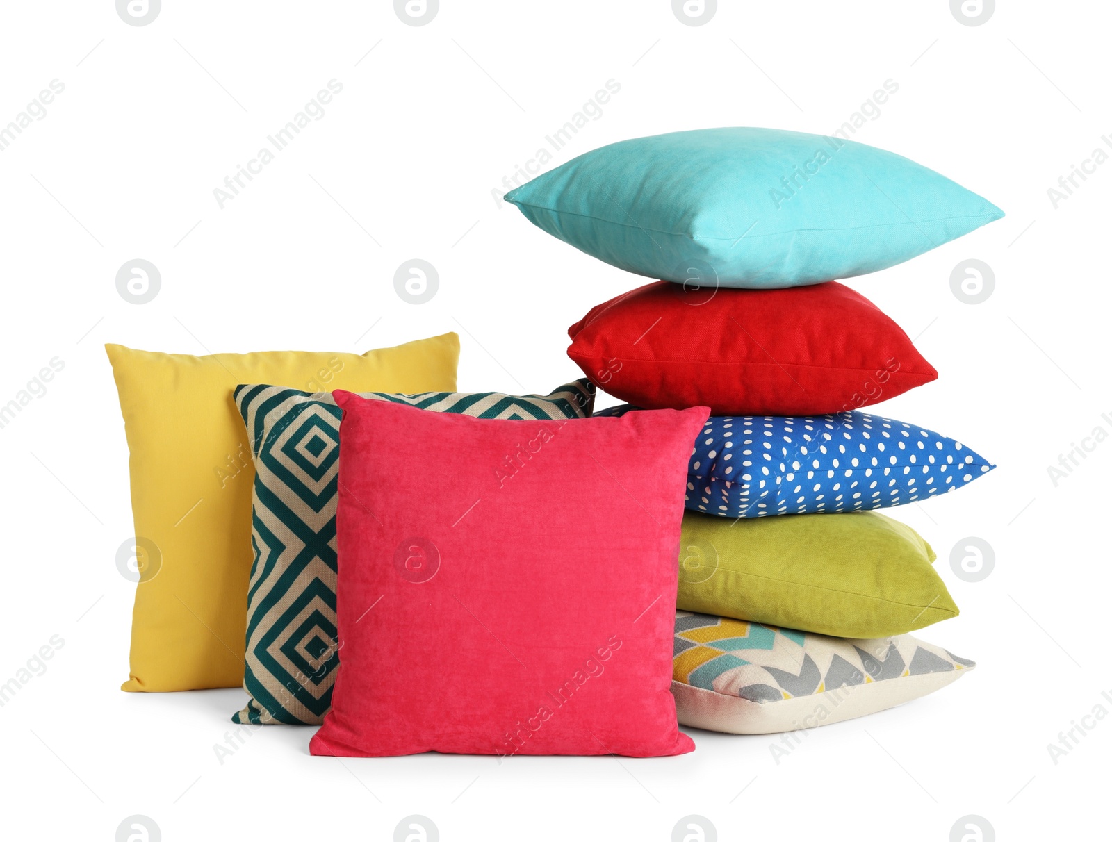 Photo of Different colorful decorative pillows on white background