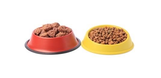 Photo of Dry and wet pet food in feeding bowls isolated on white