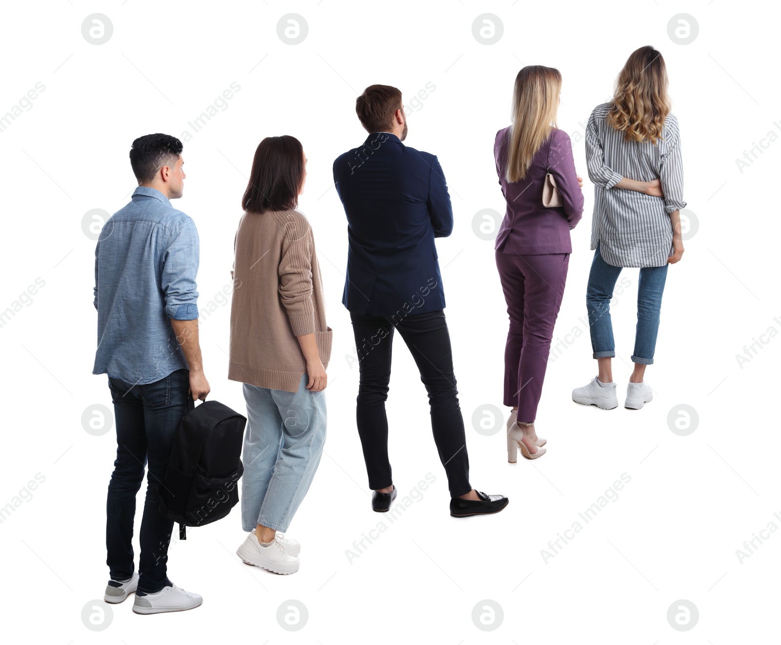 Image of People waiting in queue on white background, back view
