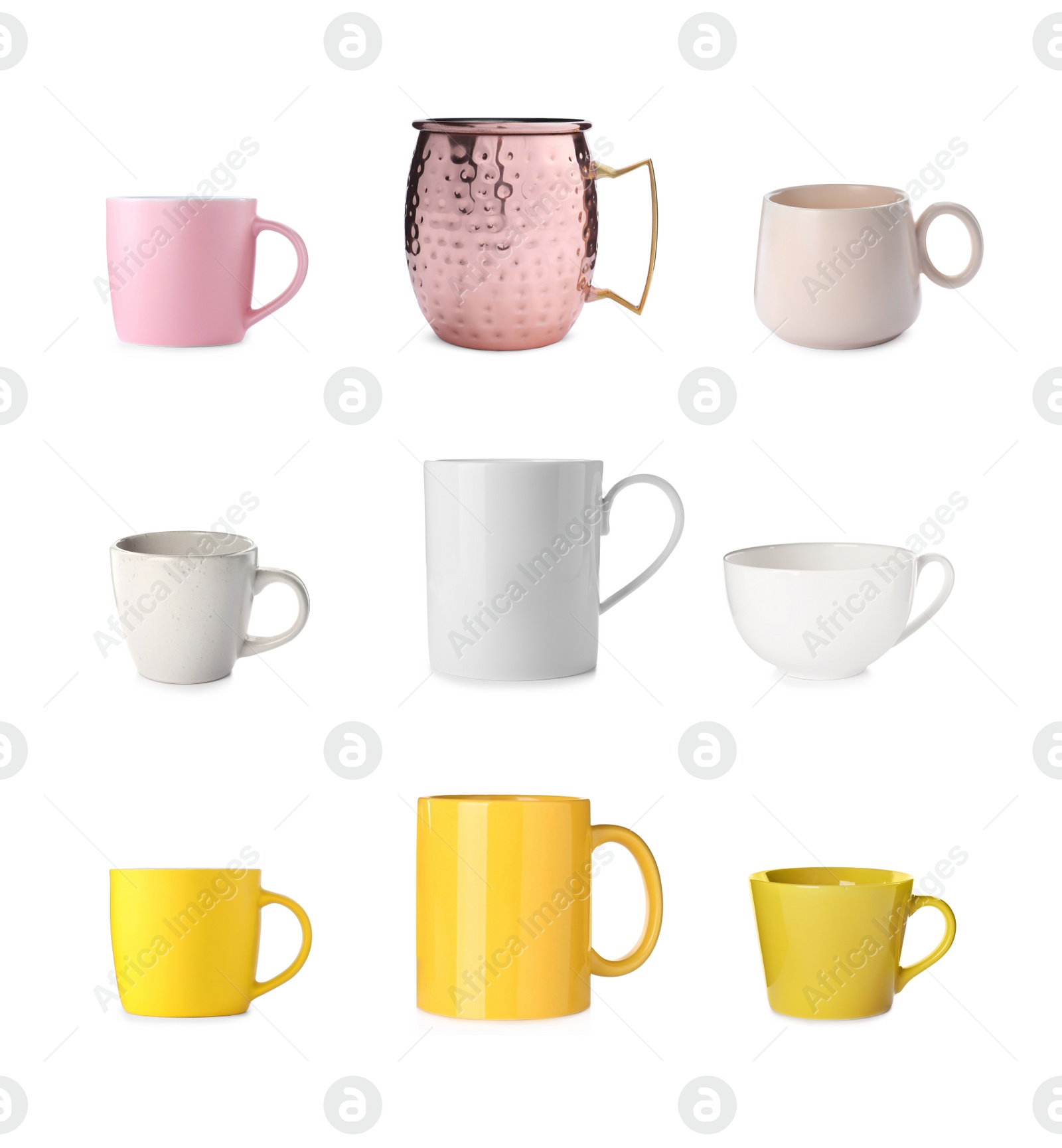 Image of Set with different beautiful cups on white background