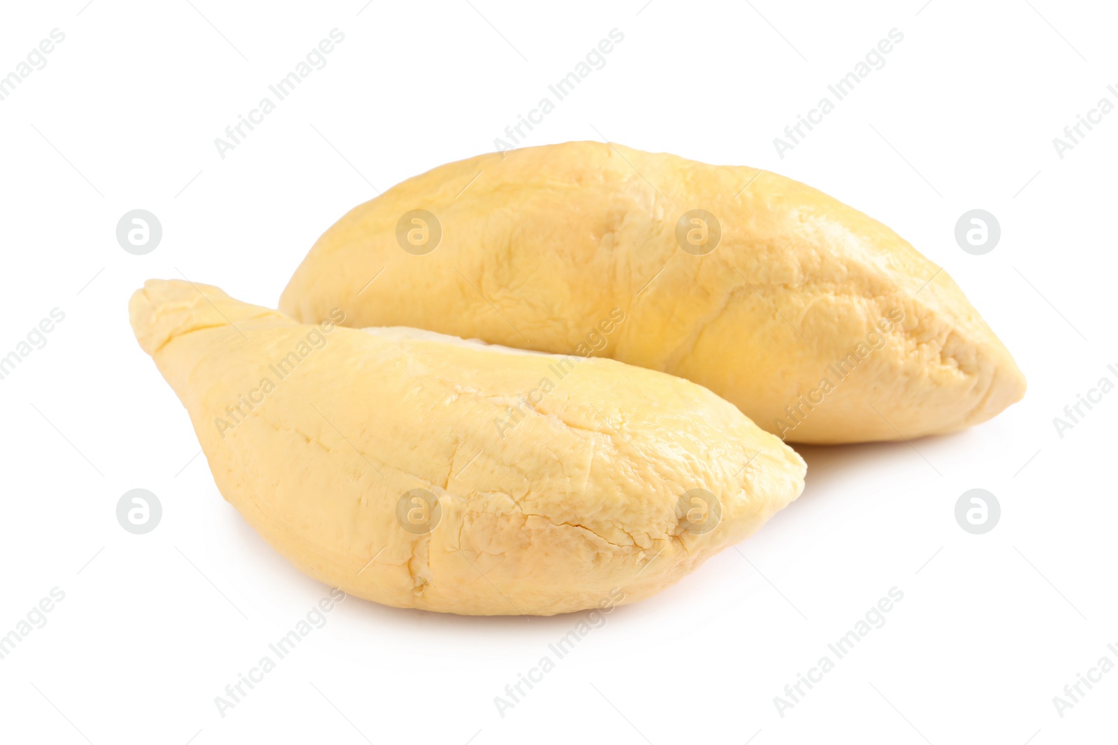 Photo of Pieces of fresh ripe durian on white background