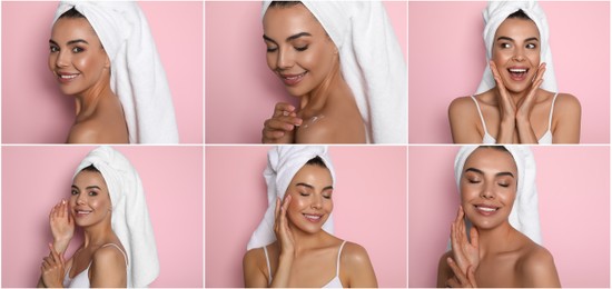 Collage with photos of beautiful young woman with towels on pink background. Banner design