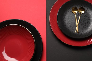 Photo of Stylish table setting with plates and spoons on color background, top view