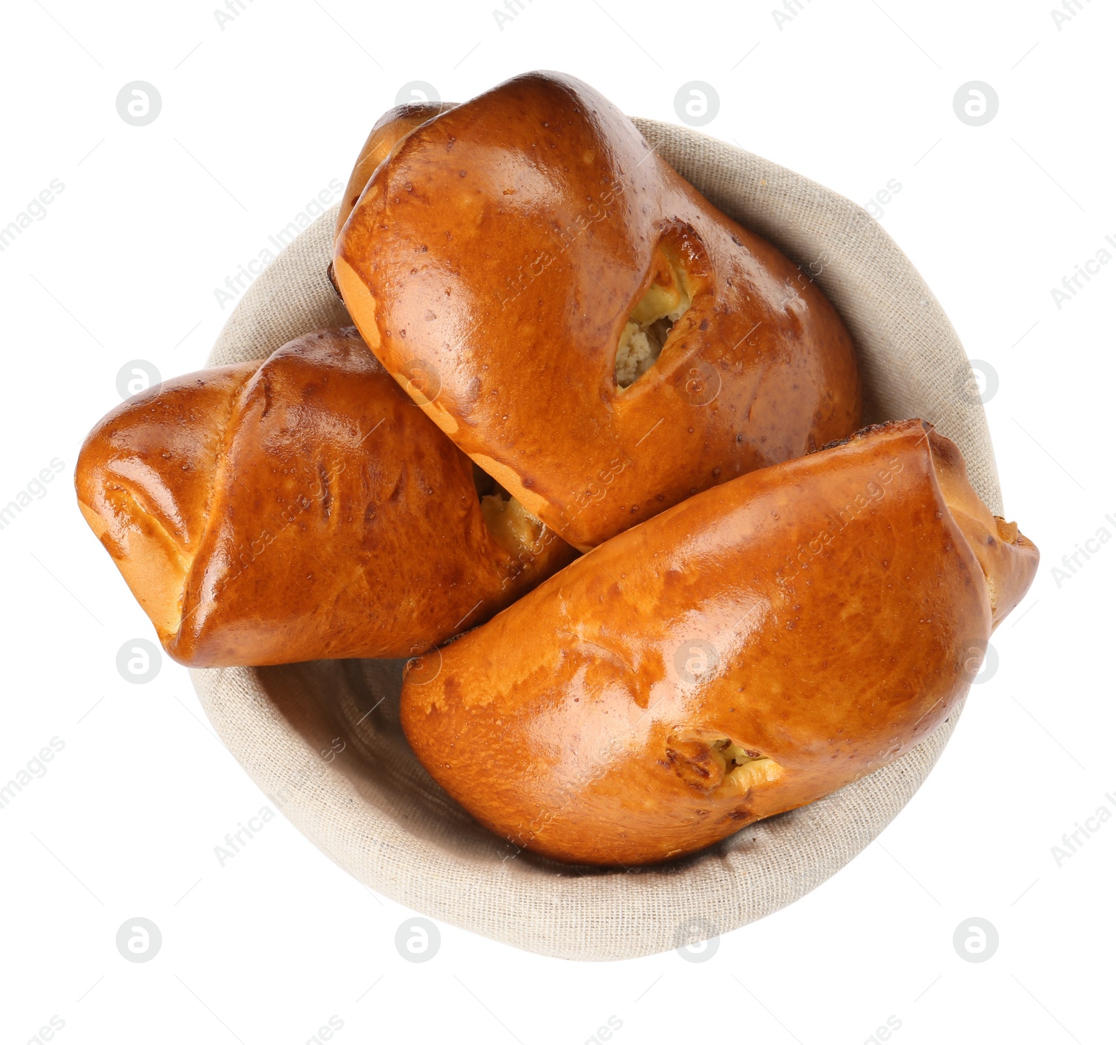 Photo of Basket with delicious baked patties on white background, top view