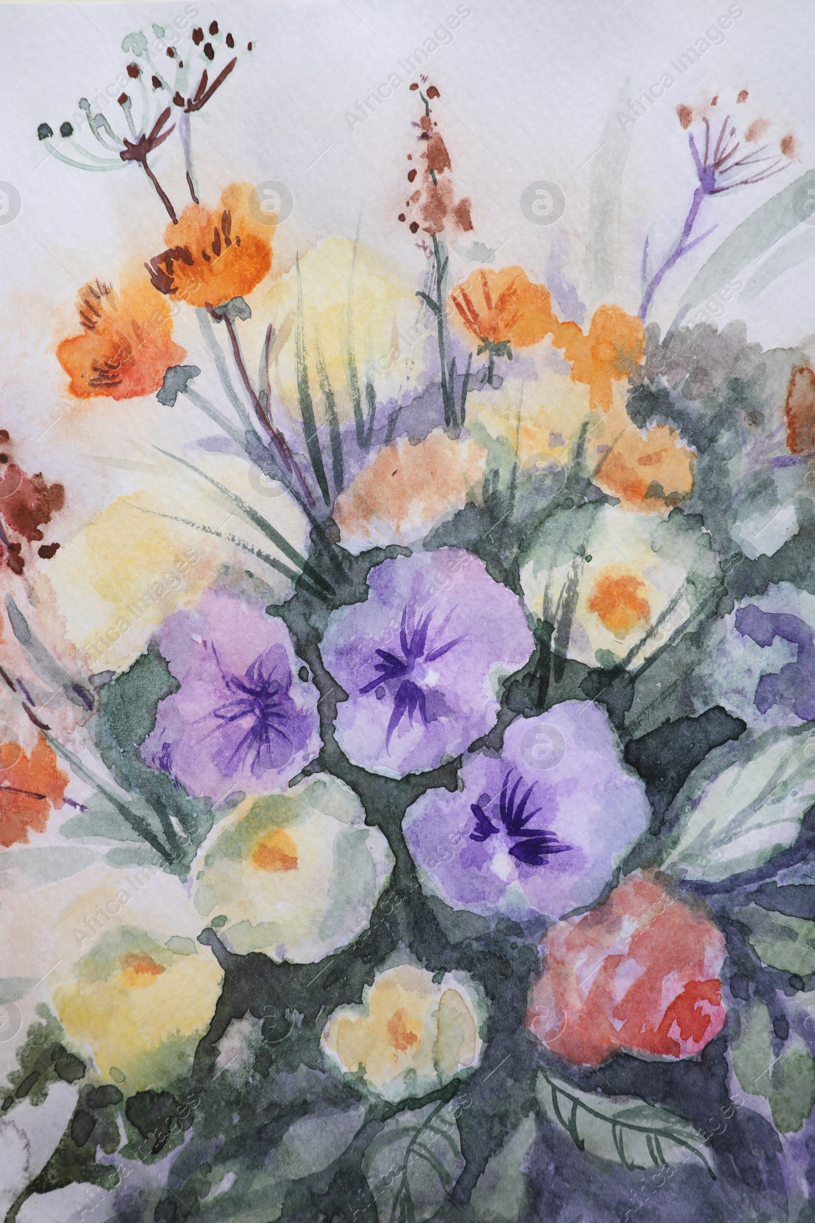 Photo of Closeup view of beautiful floral watercolor painting