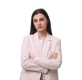 Photo of Beautiful young businesswoman crossing arms on white background